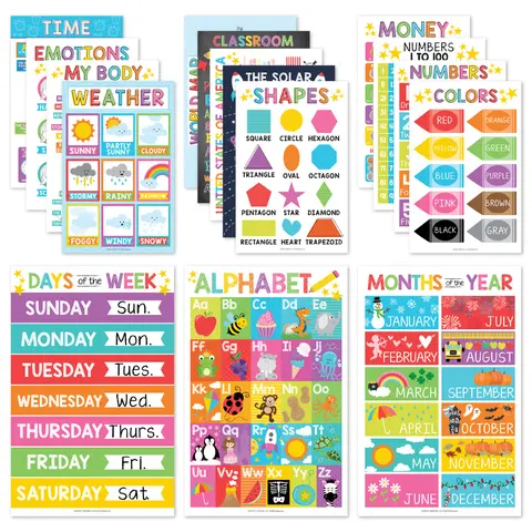 Hadley Designs 16-Piece Glossy Laminated Educational Posters - 11x17 in Thick Cardstock Classroom Supplies, Durable and Engaging Alphabet/Numbers/Shapes Charts, Colorful Wall Chart Curriculum Resources for Preschoolers (Back to School Haul)