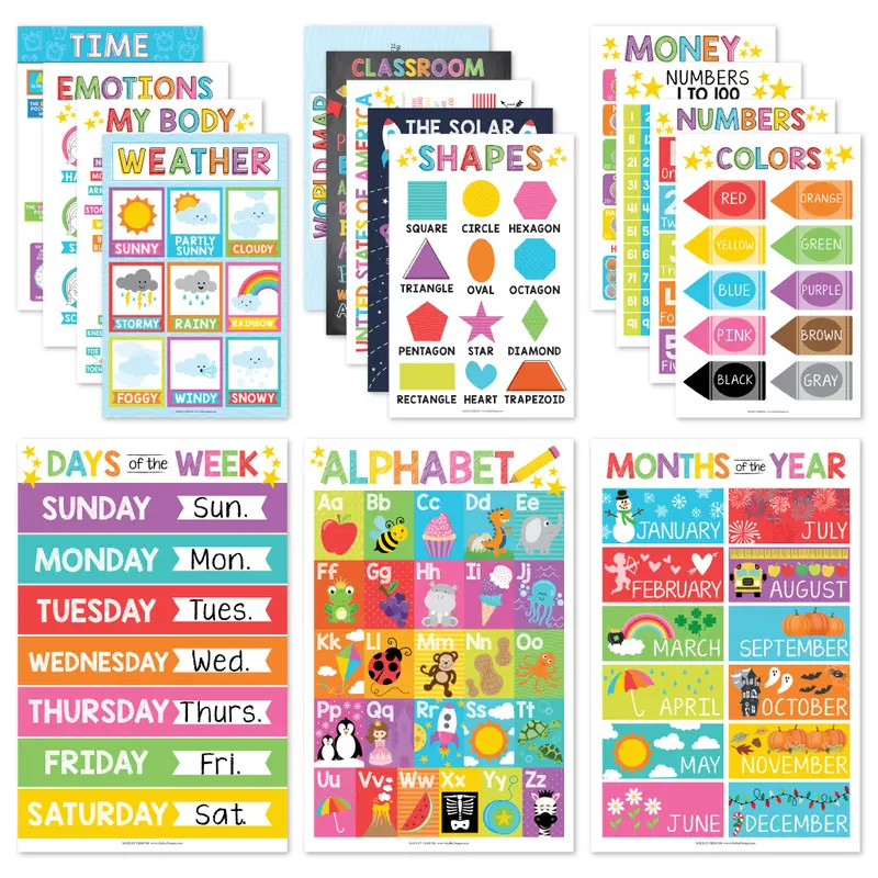 Hadley Designs 16-Piece Glossy Laminated Educational Posters - 11x17 in Thick Cardstock Classroom Supplies, Durable and Engaging Alphabet/Numbers/Shapes Charts, Colorful Wall Chart Curriculum Resources for Preschoolers (Back to School Haul)