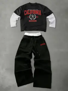 Men's two-piece fitted fashion set, outfit, including a graphic printed long-sleeved T-shirt and trousers, featuring letter and small pattern prints.  This sporty athletic set is suitable for everyday wear, vacations, and outdoor activities.