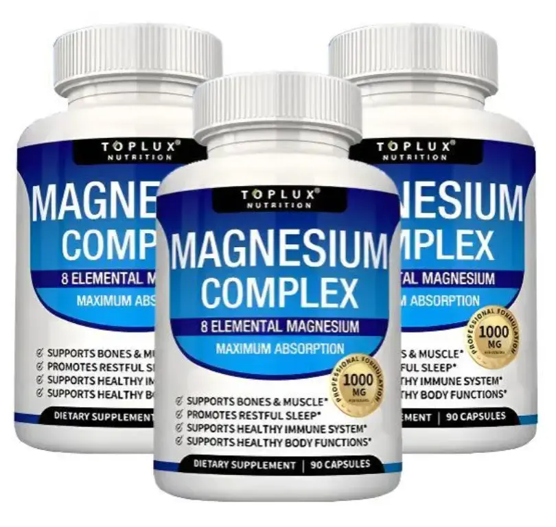 1000mg Toplux Magnesium Complex | 8 High Absorption Elemental Magnesium Blends, 90 Non-GMO Capsules