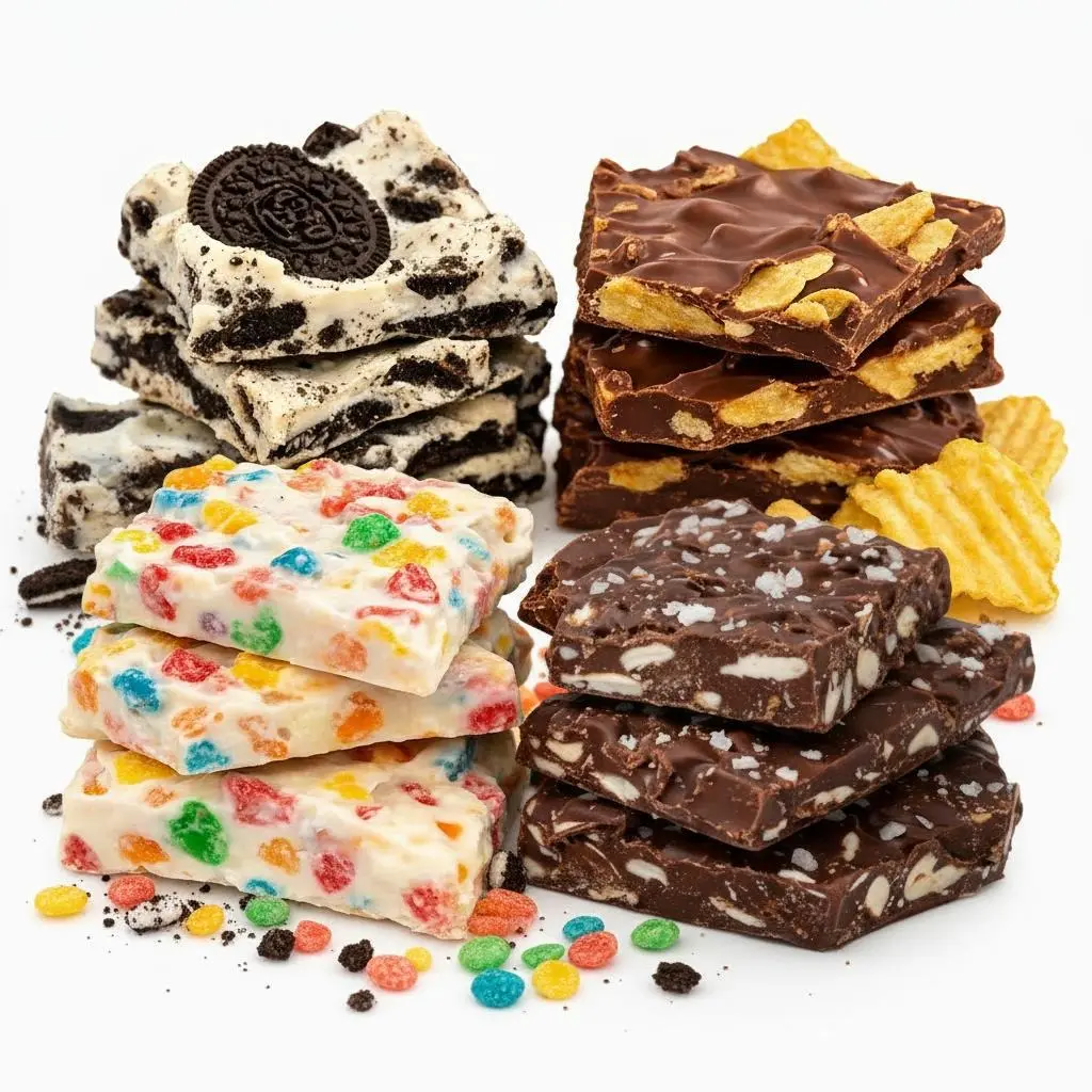 Chocolate Bark Assortment – Potato Chip, Rainbow Crunch, Cookies & Cream & Sea Salt Almond