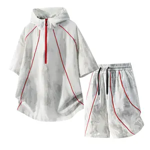 Men’s tie-dye half-zip hoodie two-piece summer tracksuit set — casual short-sleeve hooded top and shorts, quick-dry sports suit with contrast piping for men