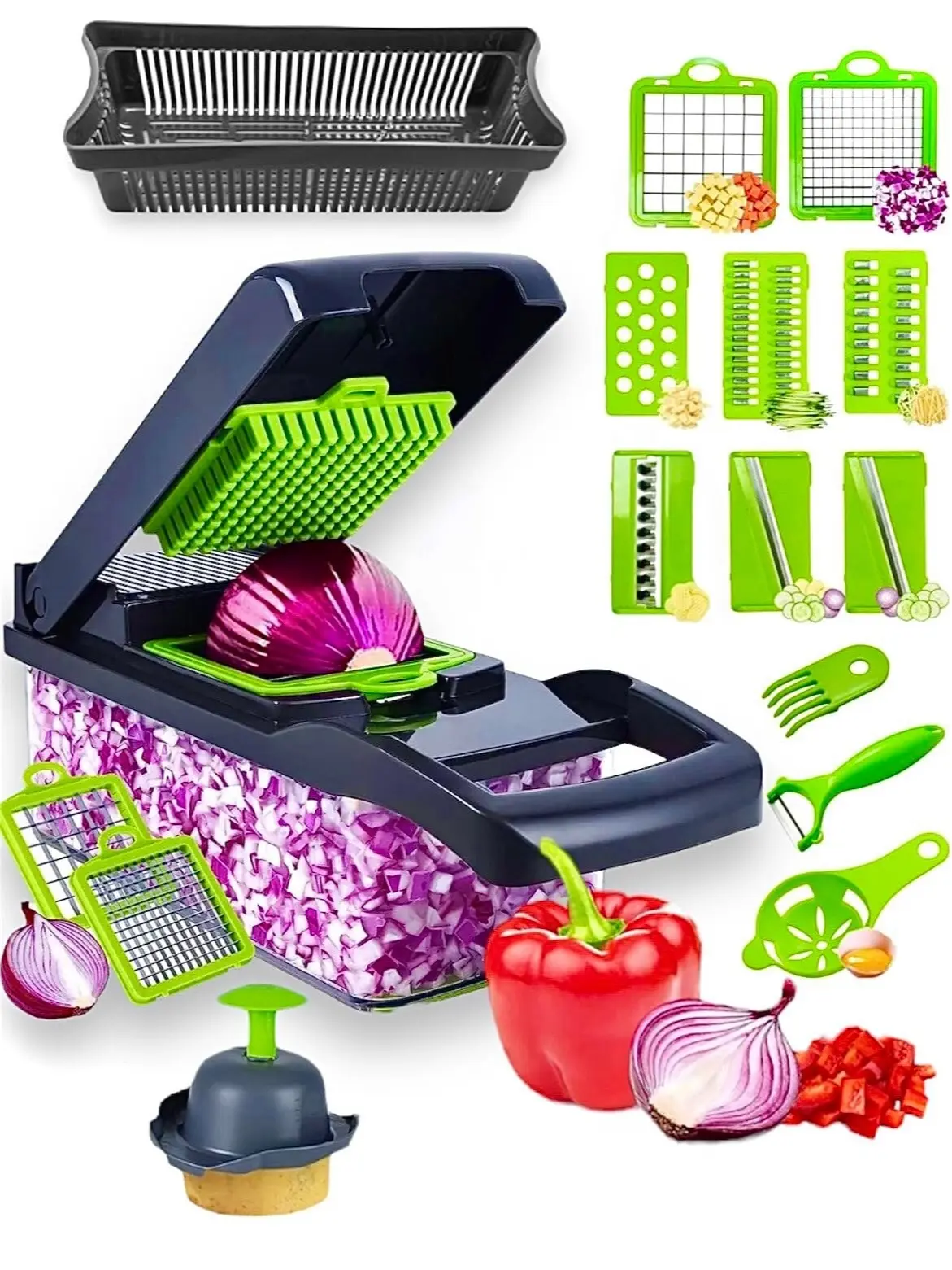 16-in-1 Multi-Functional vegetable Chopper & Slicer |  veggie chopper |  Vegetable Chopper Dicer with Container |  Mandoline Slicer, Food Chopper, Fruit Cutter, Cheese Grater, Veggie Dicer, Kitchen set | fruit cutter