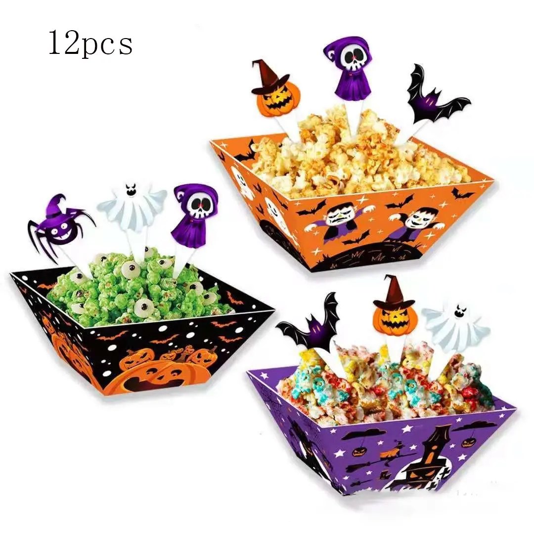 Halloween Party Gift Boxes Set of 12, Pumpkin & Skull Design, Large Paper Containers for Candy Snacks Haunted House Decorations