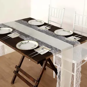 Faux Burlap Jute Table Runner 16"x108" Ivory With White Lace Edging - Rustic Farmhouse Tabletop Decor