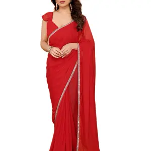 Georgette Saree with real mirror work, fals and piko are done, include blouses piece.