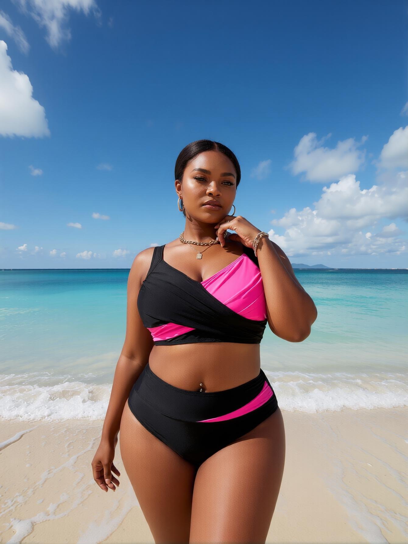 Casual Plus Size High Waist Two Piece Bikini Set Black Pink Color Block Tropical Style Beachwear