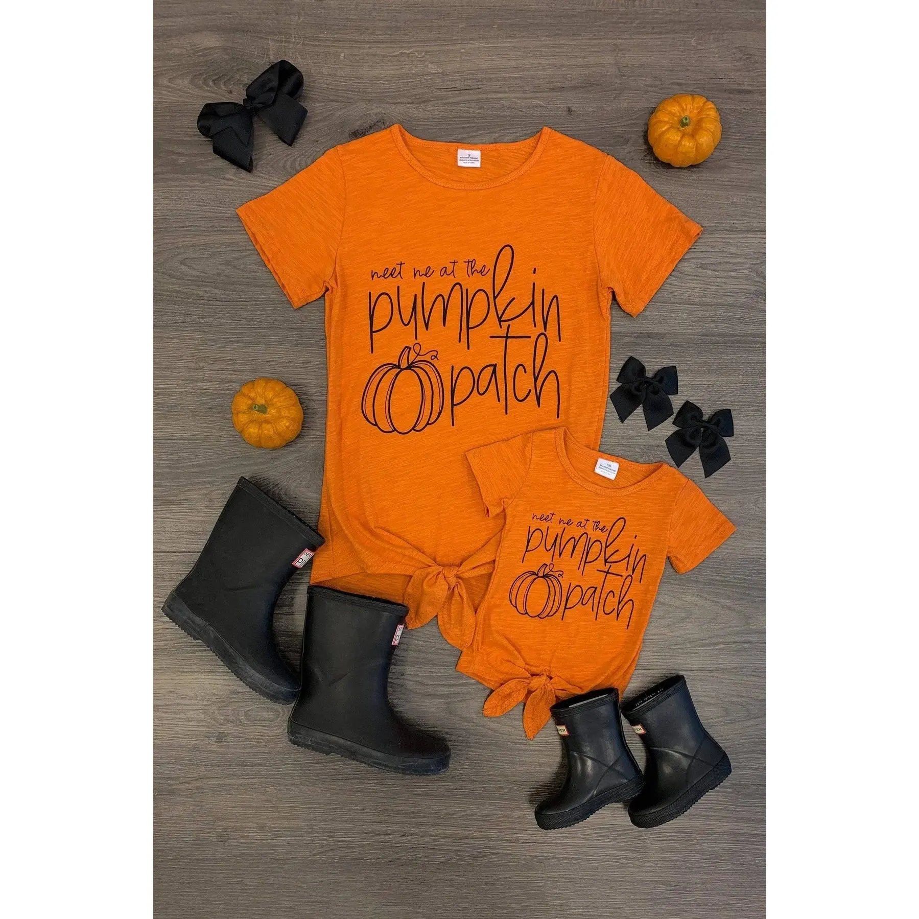 Mom & Me Casual Tie Top Set - "Meet Me at the Pumpkin Patch" Design, Short Sleeve, Comfortable Fabric, Matching Bottoms, Comfy, Clothes, Breathable, Piece, Women, Matching Set, Embossed Print, Front Slogan, Fun Fall Saying, Soft, Matching Sets