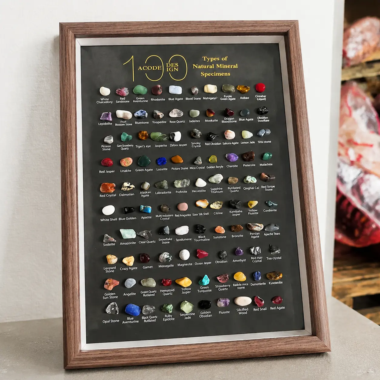 ACODE DESIGN 100 Types of Natural Mineral Specimen Collection Display Frame, Raw Gemstone Rock Set with Labels, Educational Geology Gift for Kids & Adults, Aesthetic Desk Decor for Crystal Collectors