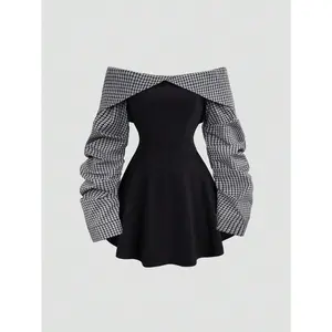 Women's/Winter Collegiate Style Minimalist Bardot Ruched Waist Contrast Color Mini Dress, Figure-Flattering