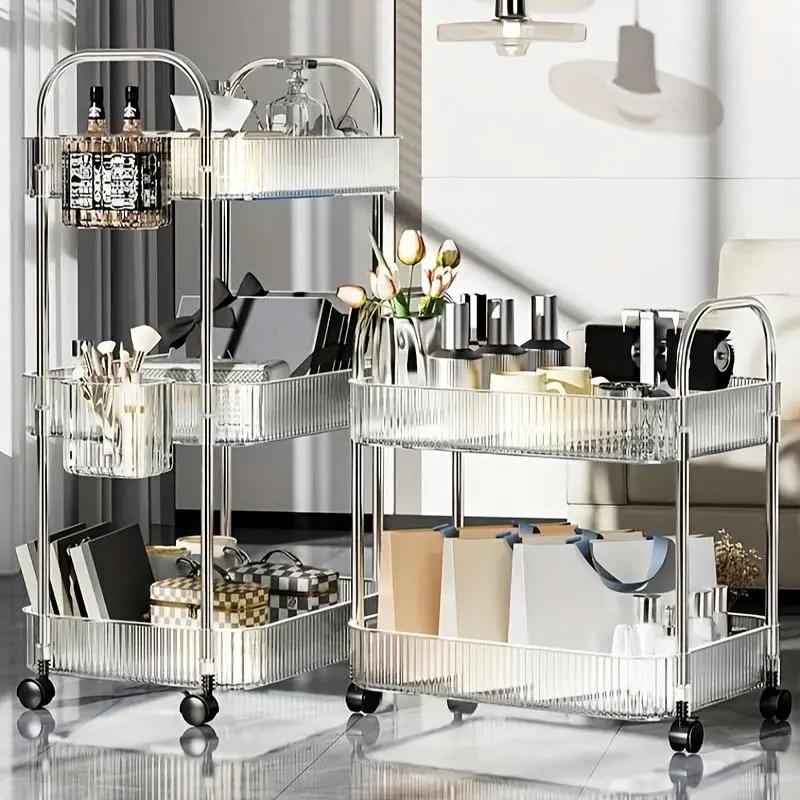 Portable 3-Tier Rolling Acrylic Makeup Cart Transparent Multi-Layer Storage Organizer for Bathroom Living Room