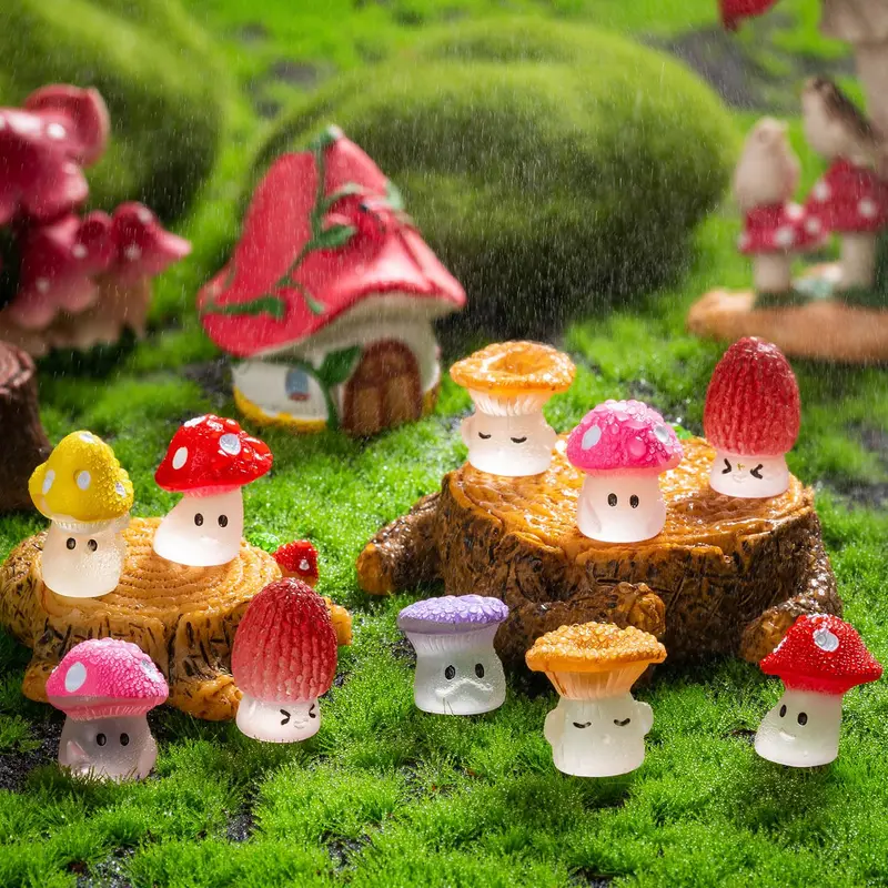 12/24pcs Mini Mushrooms DIY Toy, Cute Resin Tiny Mushrooms Statue, Fake Miniature Mushroom Figurines, Decorative Fairy Garden Terrarium Decor