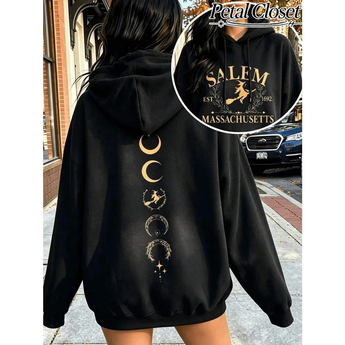 Women's Fleece-Lined Loose Baggy Unisex Hooded Sweatshirt - Retro Salem Witch, Moon Phase, Star Double-Sided Graphic Tops, Halloween Outfits, Fall Winter Soft Fabric Apparel