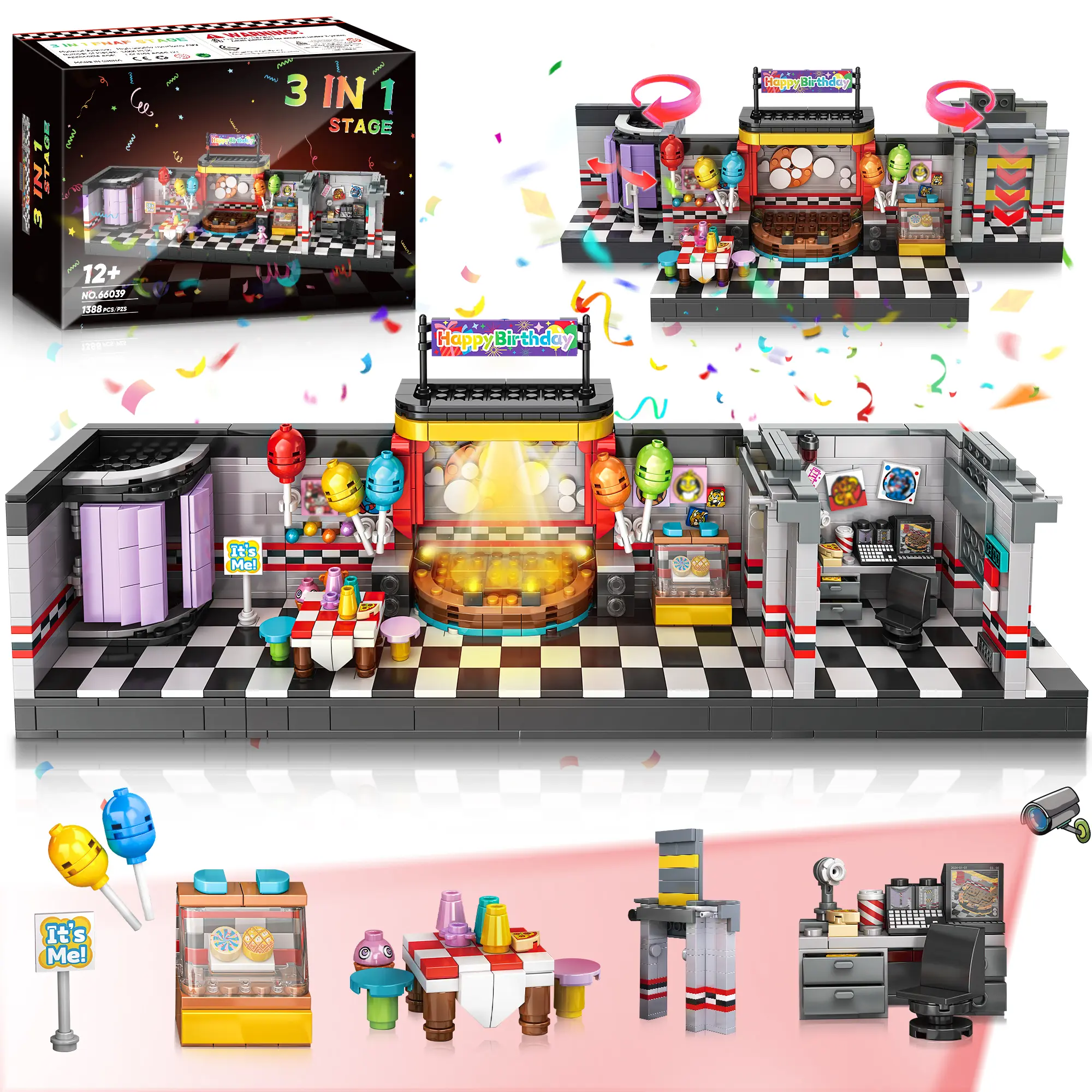 TOKMOC 1388 Pieces Five Nights Safe Breakthrough Stage Scene Building Block Set,Classic Horror Halloween Game Stage,Trendy Play Decoration Suitable for Birthday Gifts,Party Gifts,Game Fans Collection Gifts,For aged 12 and above,Stress relief toy,66039