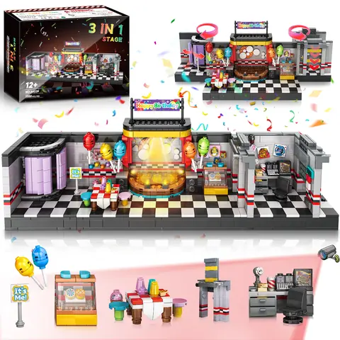 TOKMOC 1388 Pieces Five Nights Safe Breakthrough Stage Scene Building Block Set,Classic Horror Halloween Game Stage,Trendy Play Decoration Suitable for Birthday Gifts,Party Gifts,Game Fans Collection Gifts,For aged 12 and above,Stress relief toy,66039