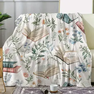1pc Vintage Flannel Blanket with Open Book and Floral Print, Soft and Warm All-Season Throw for Sofa, Bed, Car, Office, Camping, and Travel, Perfect Gift for Home Decor Enthusiasts, Sofa Throw Book Lover Decor Polyester Blanket-280GSM