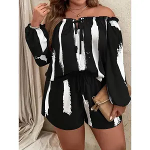 Plus Size two-piece set: all-over print pleated front-tie shirt and shorts; off-shoulder bishop-sleeve top with front-knot shorts; women’s summer clothing; matching set; women’s clothing; GARMENTARY