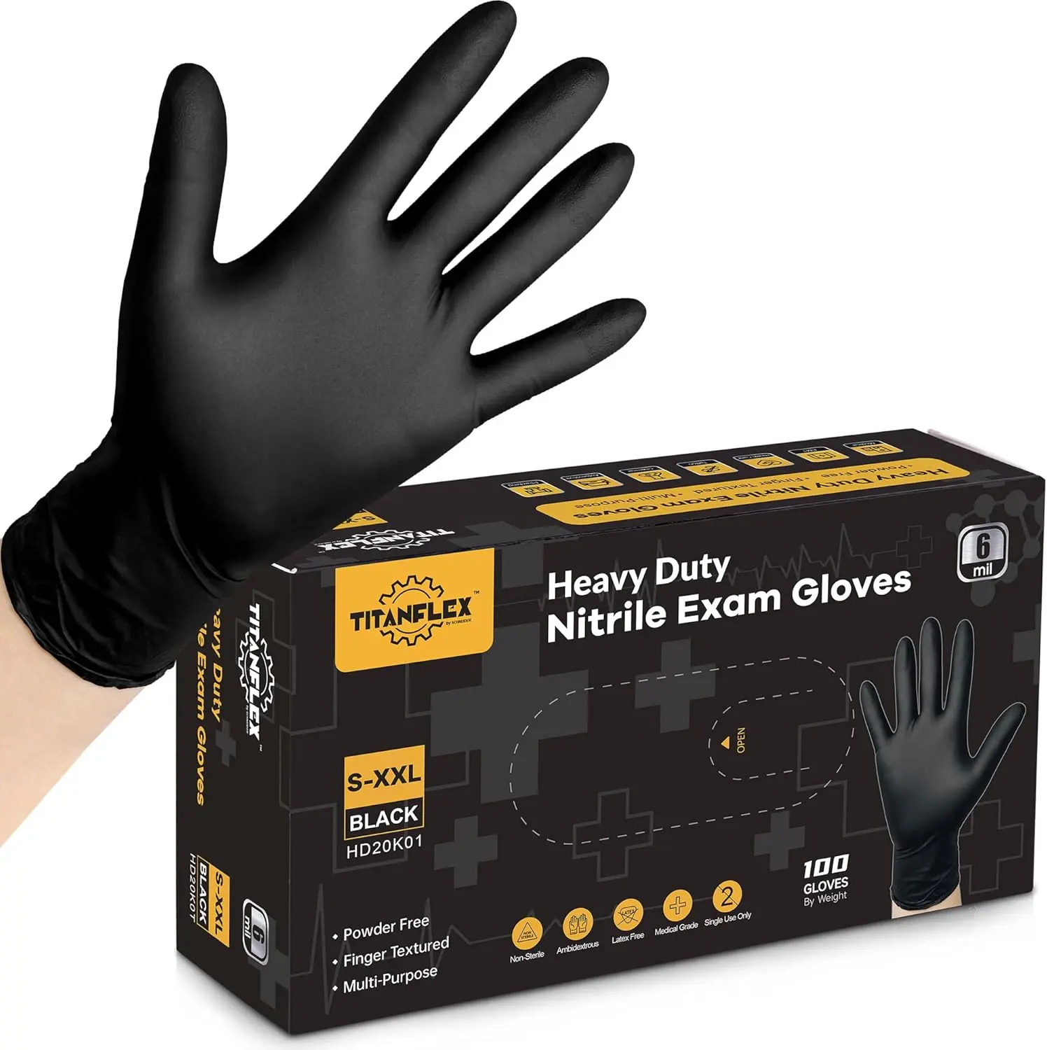 TitanFlex 6-Mil Black Nitrile Exam Gloves, Heavy-Duty Latex-Free Disposable Gloves