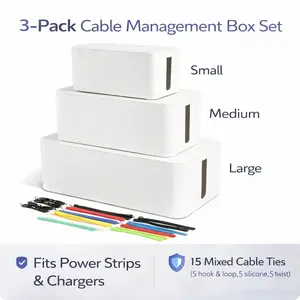 3-Pack Cable Management Box Set with 15 Cable Ties for Power Strips & Cord Organization - Small/Medium/Large White ABS Boxes for Home Office & Gaming Setup
