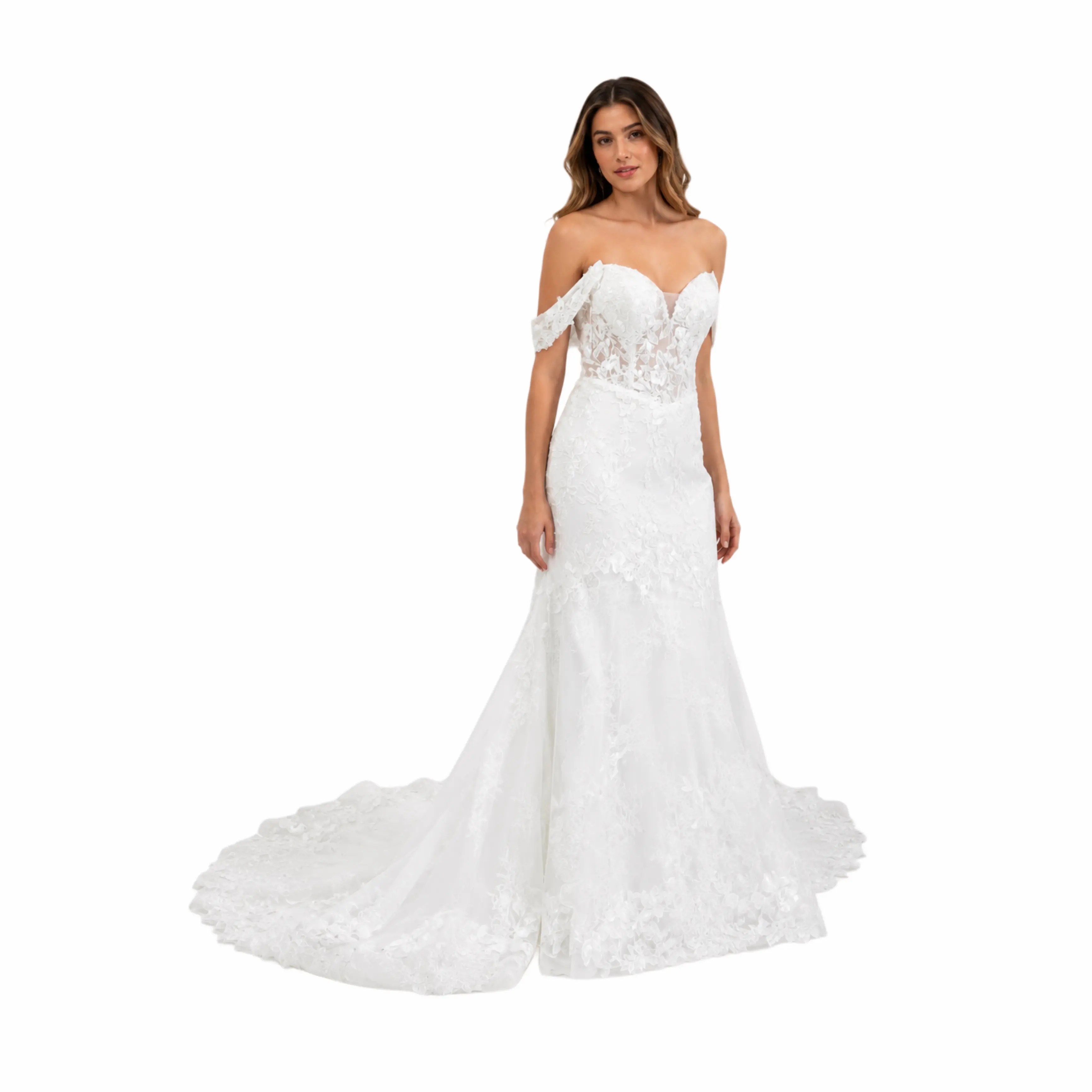 Elegant Off White -Shoulder Bridal Gown with Intricate Lace Detailing and Flowing Train for a Timeless Look