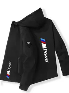 Performance Car Enthusiast Must-Have! Polyester Fiber Three-Color Stripe 'power' Print Hooded Jacket, Blue Stripes, Spring & Fall Commute
