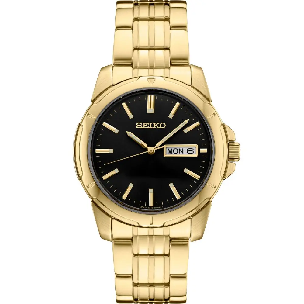 Seiko SUR358 - Men's Gold Tone Black Day Date Dial Dress Watch