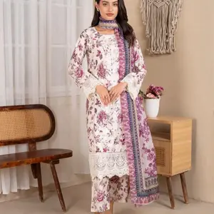 Pakistani Three Piece Heavy Embroidery Suit with Floral Design and Lace Detailing