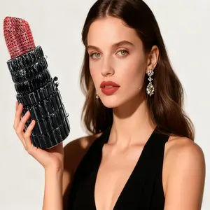 Women Trendy Lipstick Rhinestone Evening Clutch Glitter Crystal Handbag Unique Diamond Purse for Prom Party