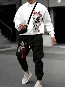 Gothic Style Menswear Sweatshirt Set, Fallen Angel & Thorn Totem Elements, Graphic Colorblock Details, Casual Fitted Long Sleeve, Fall&winter Fashion Outfit