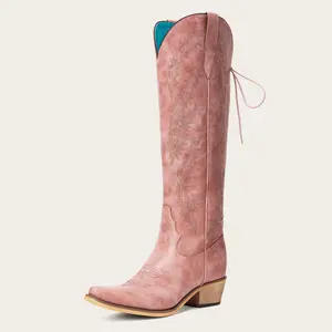 The Cattle Dusty Rose Tall Western Boots Soft Pink Synthetic Leather Classic Cowgirl Charm Snip Toe Mid-Height Heel Women's Walking Shoes