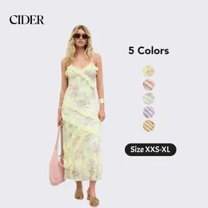 Cider Maxi Dress – Lace V-Neck Floral Ruffle Polyamide Stretch Romantic Women’s Summer Vacation Beach Party Gown, Floral Embroidery Slim Fit Long Dress for Spring