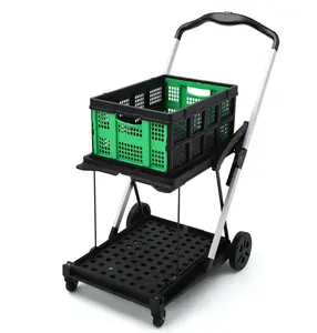 Foldable 2-Tier Shopping Cart with Wheels - Aluminum Frame Utility Cart w/Removable Crate for Groceries and Outdoor Activities