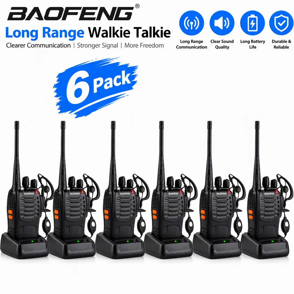 Baofeng Walkie-Talkie BF-888S (6-pack) comes with 16 channels, 1-3 km two-way communication, a 1500mAh battery, a lighting function, and even includes an earpiece. Perfect for team collaboration and home use.
