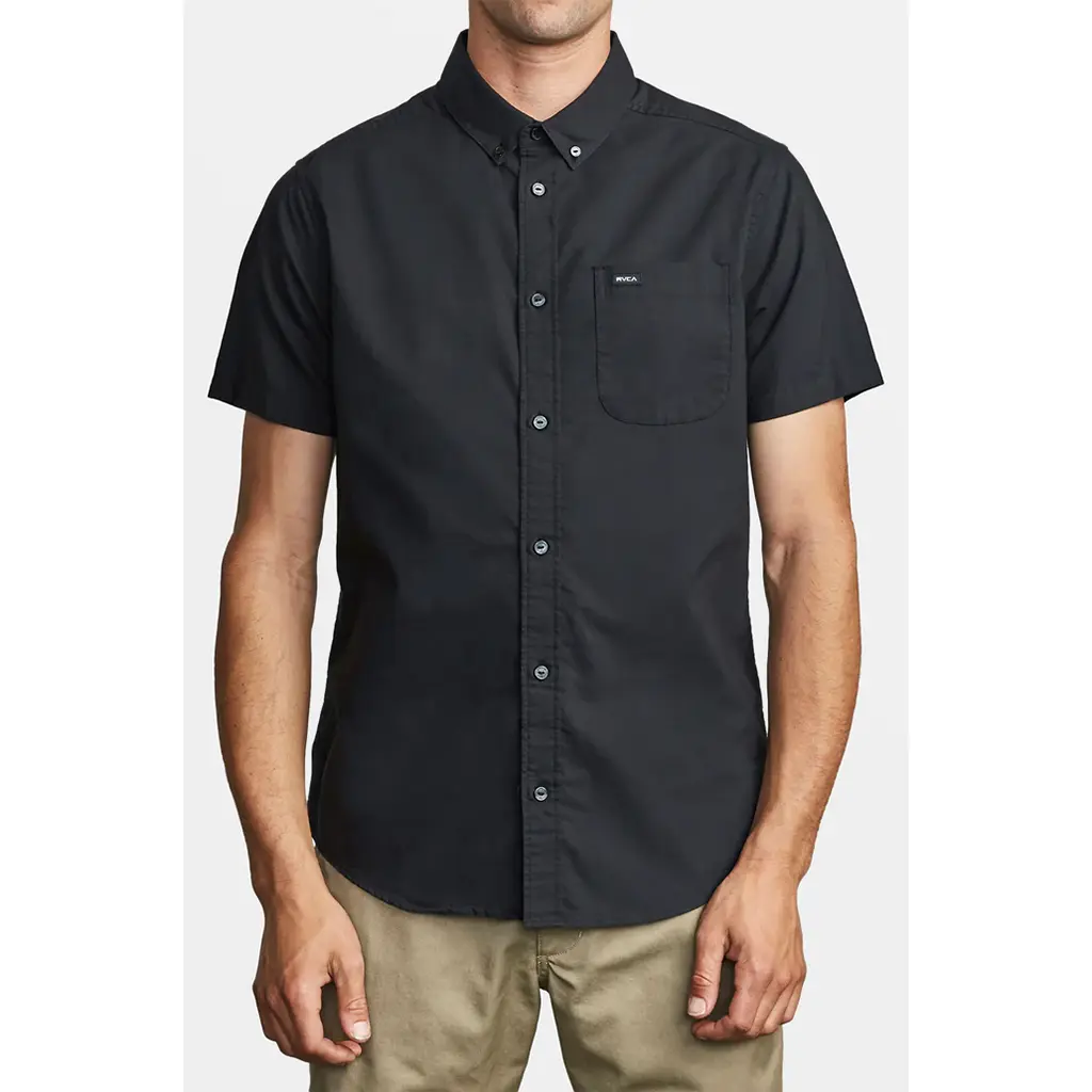 RVCA Men's That'll Do Slim Fit Stretchy Casual Short Sleeve Shirt - Cotton-Polyester Fabric, Curved Hem, Pocket, Menswear Tops, Shortsleeve, Scallop, Elastane, Everyday, Casual Wear, Button-Down, Everyday Wear, Daily Use, Button Front, Clothes