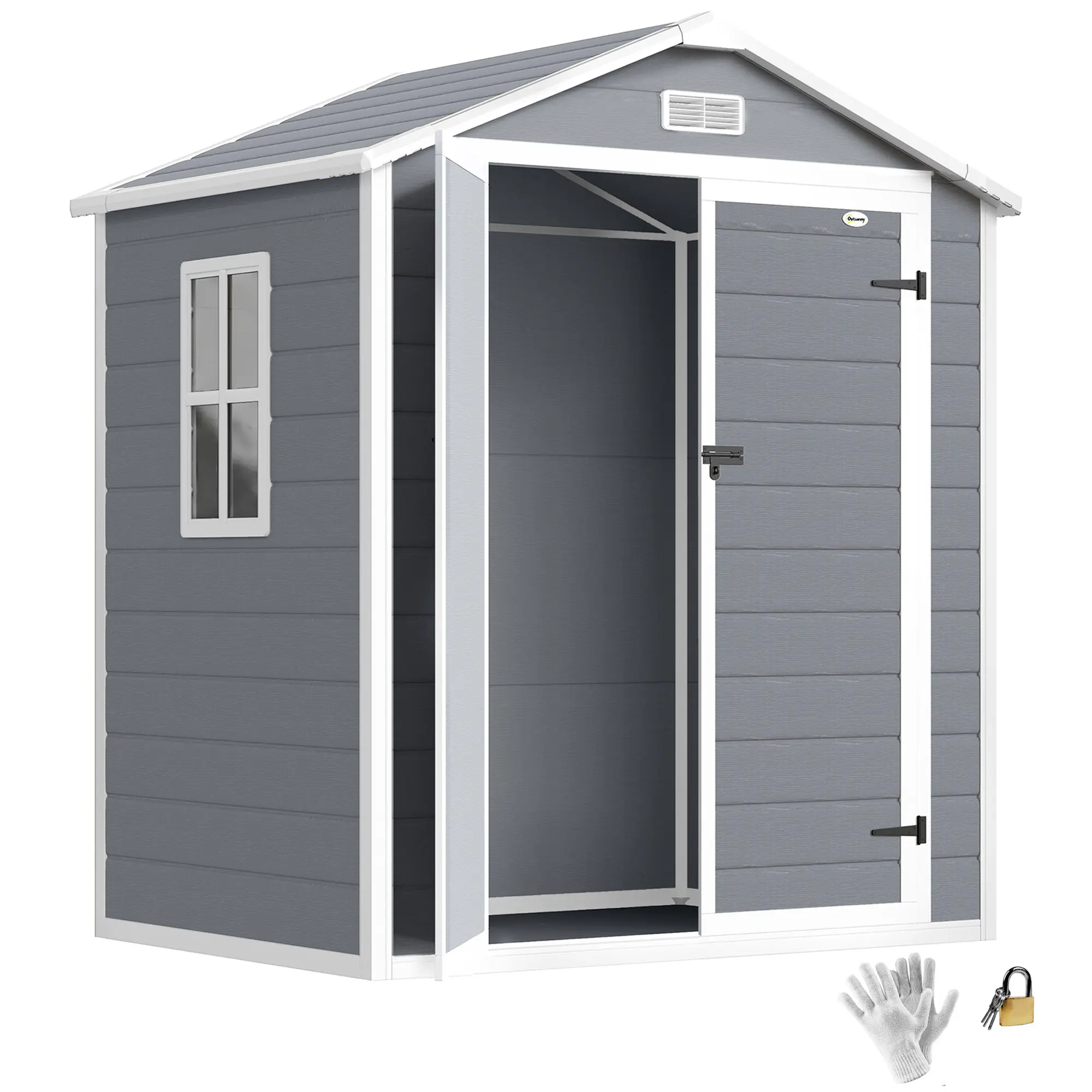 Outsunny Resin Plastic Outdoor Storage Shed (5x3 ft & 6x4.5 ft) - Waterproof Roof, All-Weather, with Floor, Window, Lockable Doors, Top Vent Airflow, Gray Garden Tool Shed for Backyard Patio