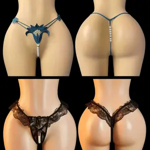 2PC Women'S Sexy Lace Thong Panties - Low-Rise Mid-Rise Sheer Lace Underwear with Pearl & Bead Embellishments, Elegant Floral Print, Hand Washable Fabric Womenswear