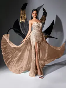 Luxury Apricot Strapless Hand Beaded Mermaid Evening Gown with Pleated Tulle Overlay High Slit & Sequin Splicing for Formal Events