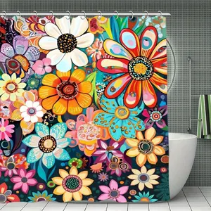 Vibrant Daisy Floral Flower Shower Curtain, 71 x 71 Inch Waterproof Retro Bathroom Curtain with Hooks, Bathroom Decorations for Home, Bathroom Decoration Accessories
