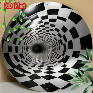 " Aluminum 3D Optical Illusion Wall Art – Round Black & White Checkered Tunnel Design, Unique Metal Decor for Home, Office