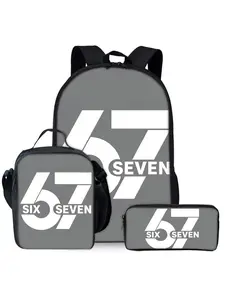 White number 67 printed backpack three piece set including lunch bag and pencil case