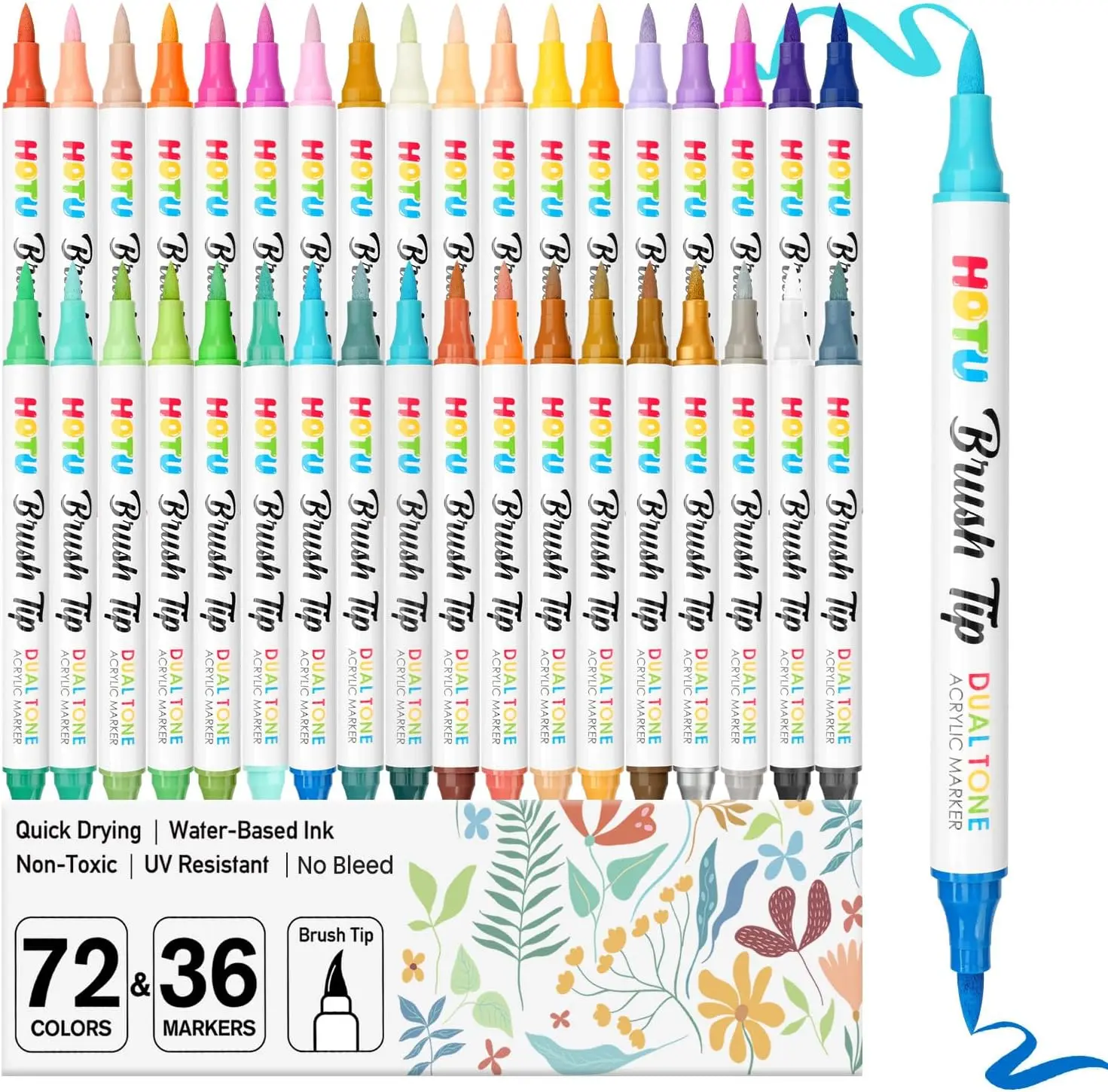 HOTU 72 Colors Acrylic Paint Markers for Coloring BooksFabric Stone Wood Sketchbook Eggs - 36 Set Dual Brush Tip Paint Pens - Art and Crafts Supplies Kit - Great Gifts Idea (36pcs,72 colors)