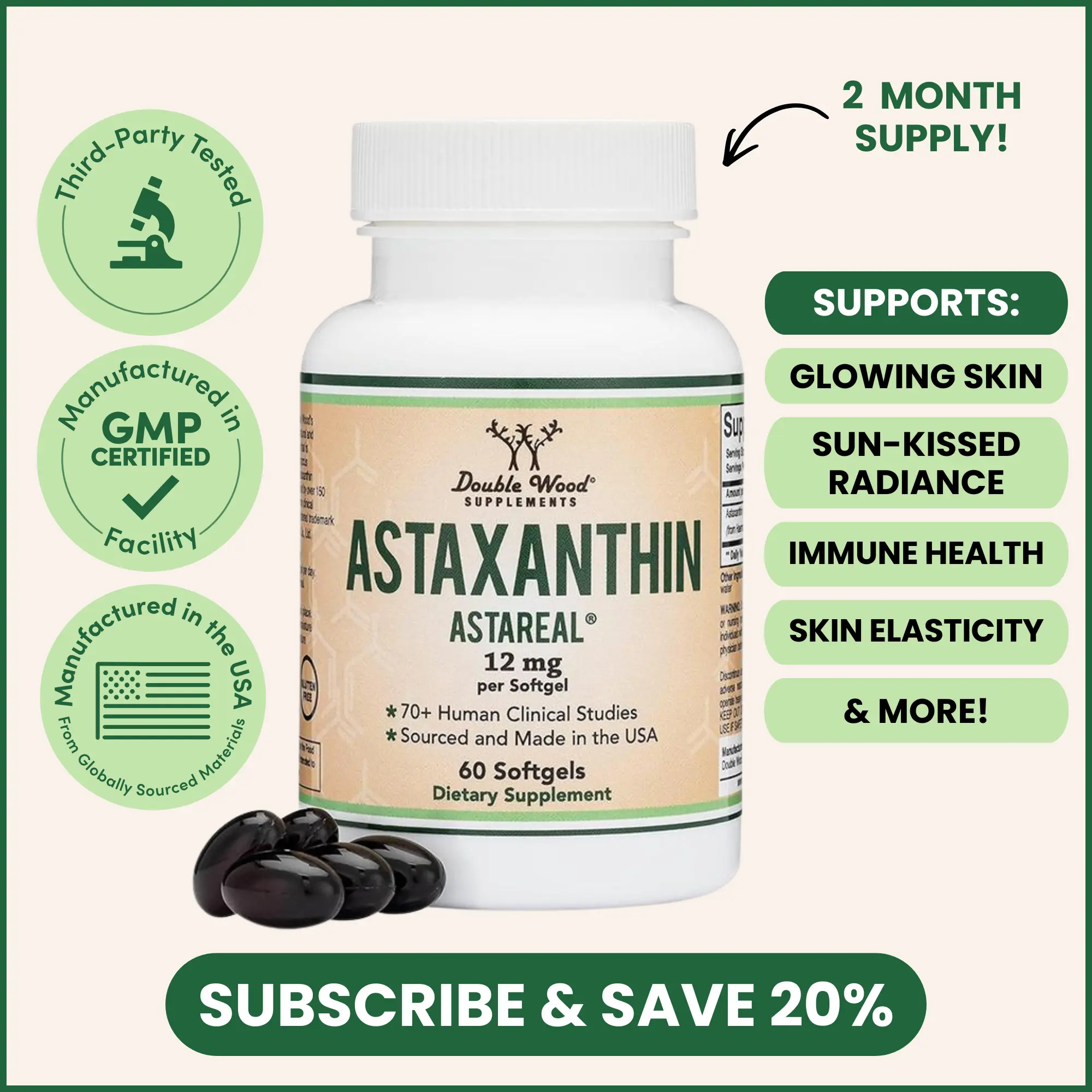 Astaxanthin | 12 mg | 60 Count | Supports antioxidant defenses, immune health, skin hydration, eye health | Double Wood Supplements Astaxanthin | 12 mg | 60 Count | Supports antioxidant defenses, immune health, skin hydration, eye health | Double Wood Supplements