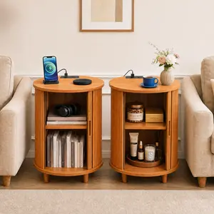 【Deals for You Days】DHH Smart Round Nightstand sets of 2  with Charging Station, Mid-Century Modern Cylinder End Table with Fluted Tambour Door, Compact Wooden Circular Bedside Table & Living Room Accent Furniture（Yellow Walnut sets of 1）