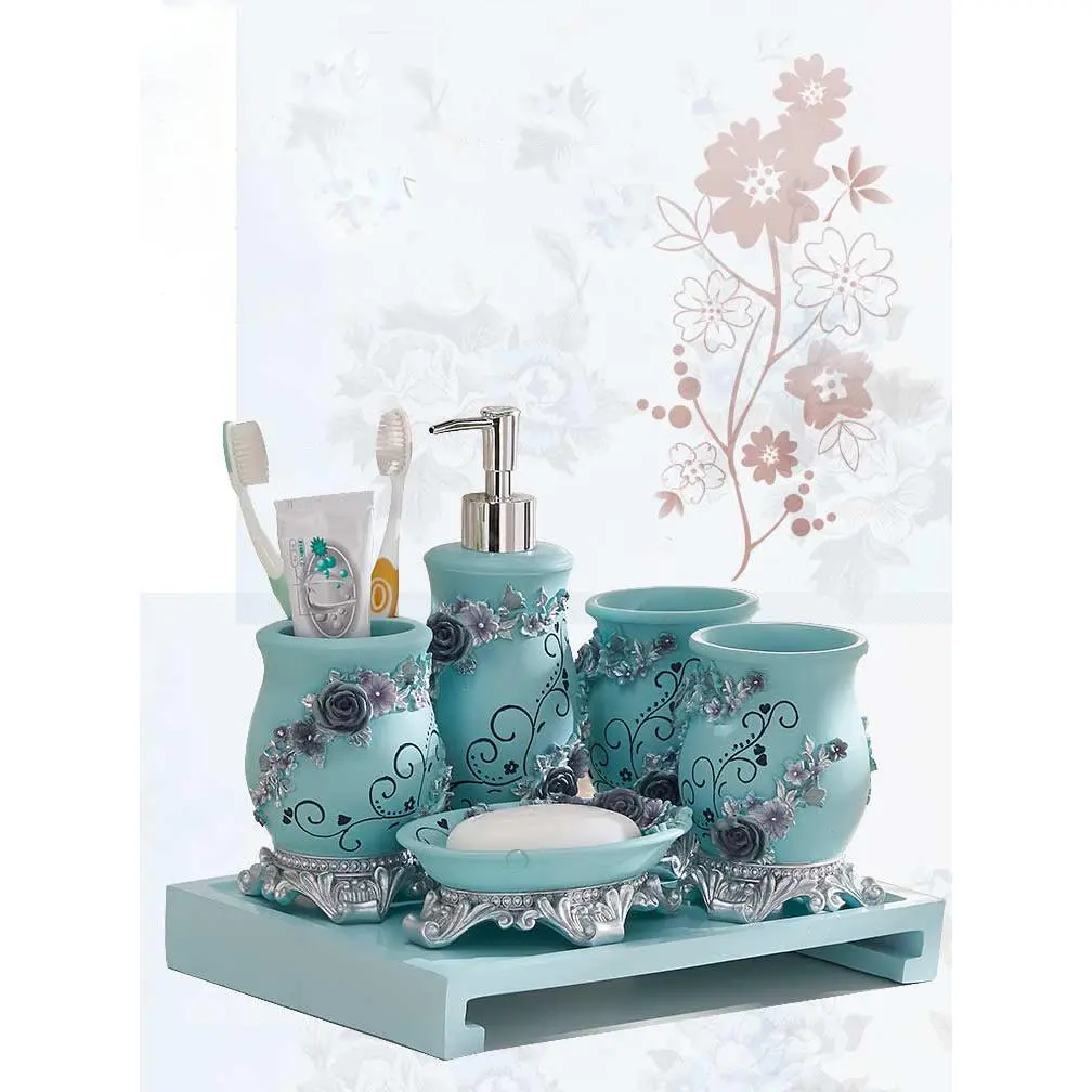 Watson Bathroom Accessories 5-Piece Classic Blue Roses Resin Bathroom Decoration Accessories Set, Elegant Floral Design, Includes Soap Dish, Toothbrush Holder, Five Pieces