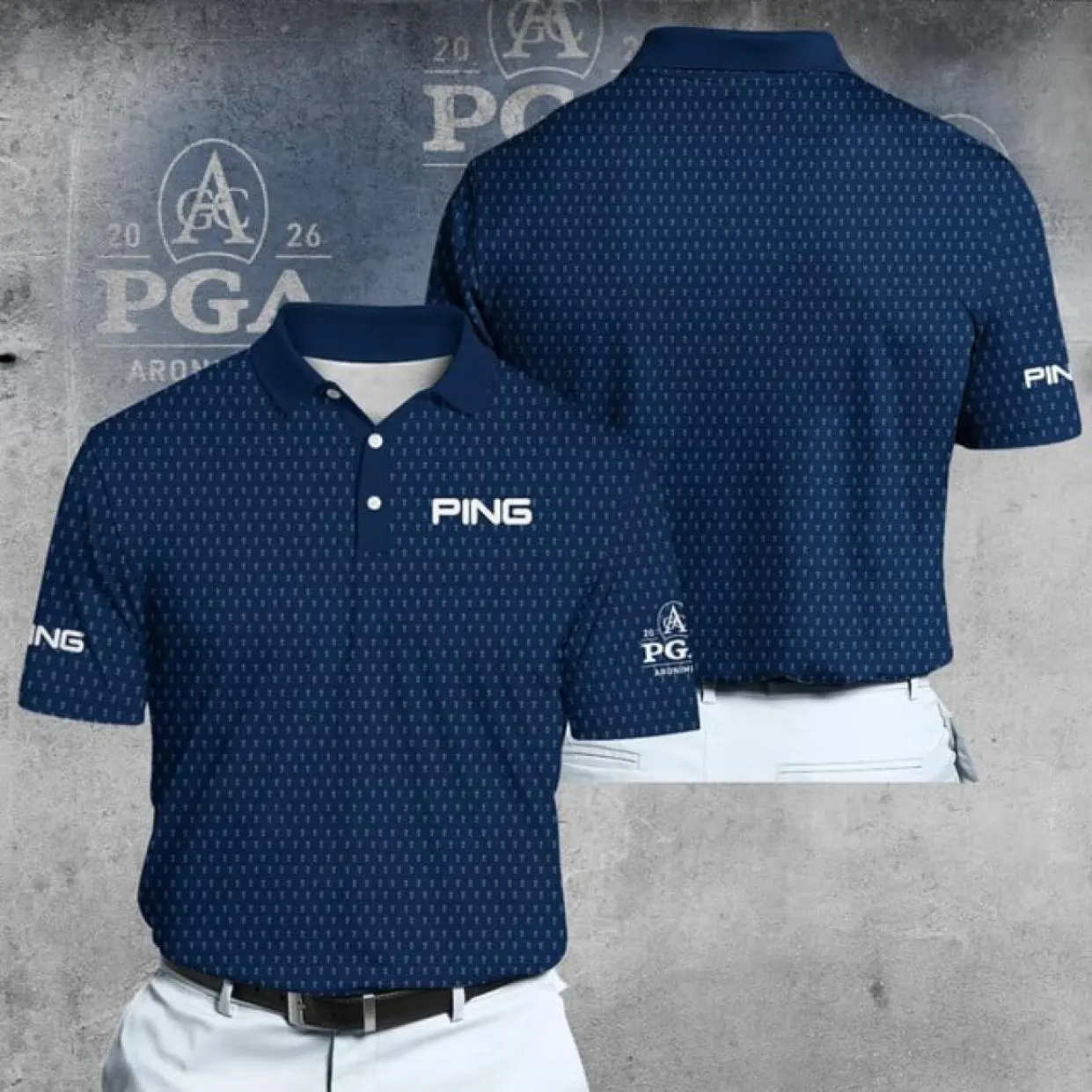 2026 PGA Trophy Pattern Polo Shirt for Men, Blue Lightweight Golf Apparel