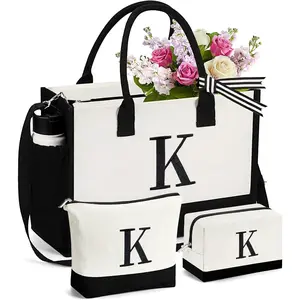 1 Embroidered Initial Canvas Tote Bag with 2 Makeup Bags Set, Birthday Gifts for Women