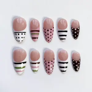 D35-Polka Dot Stripe Press-On Nails, Nude Base with Black White Dots & Colorful Line Accents, Minimal Chic Design, Glossy Finish, Everyday Elegant Style, Handmade Custom Nail Set, Cute Gift for Her