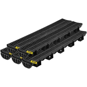 fathersdaygift VEVOR Trench Drain System, Channel Drain with Plastic Grate, 5.7x3.1-Inch HDPE Drainage Trench, Black Plastic Garage Floor Drain, 5x39 Trench Drain Grate, with 5 End Caps, for Garden, Driveway-5 Pack