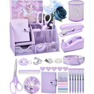 Purple Desk Accessories, 26 count Office Supplies and Desk Organizers, with Tape Dispenser, Stapler, Staple Remover Ect, The  Hue for Focused Learning,  to School