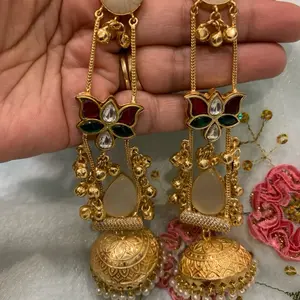 Kashmiri Earrings with Long Chains and Pachi Kundan in Gold and Pearl Design Traditional Jewelry
